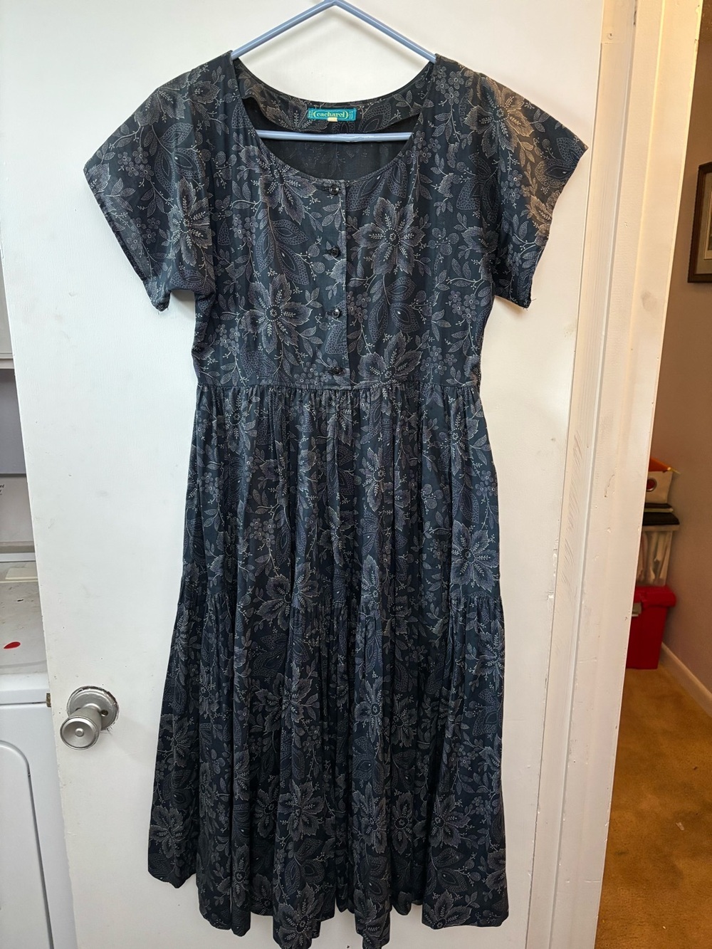 Cacharel Vintage Paris Floral Navy Gray Fit & Flare Pockets Cotton Midi Dress 40